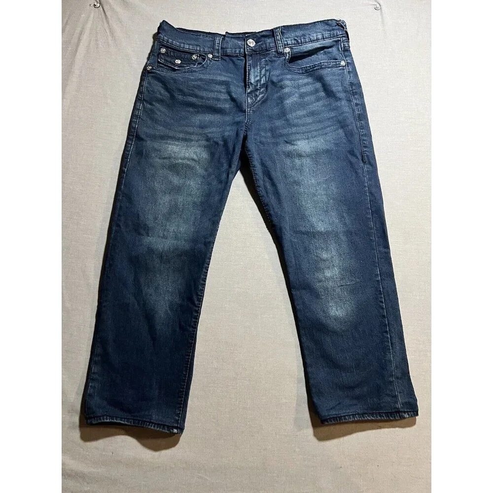True Religion‎ Geno Relaxed Slim Jeans Mens 34x25 Blue Dark Wash Flap Pockets.